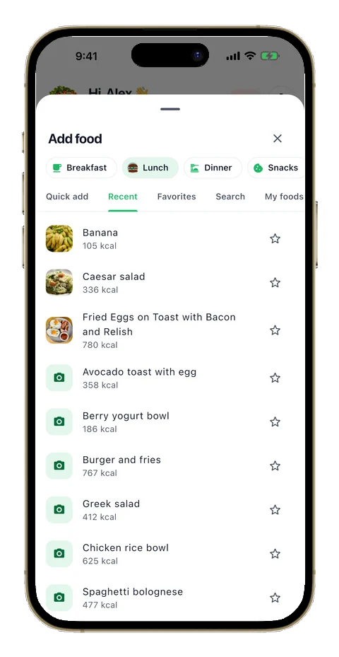 Nomi quick logging screen with barcode and manual food options