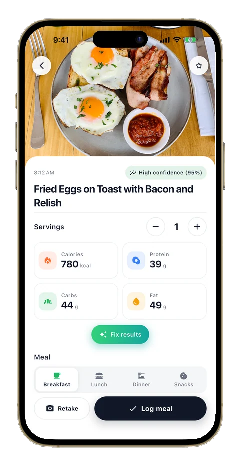 Nomi meal scan result listing foods, portions, calories and macros